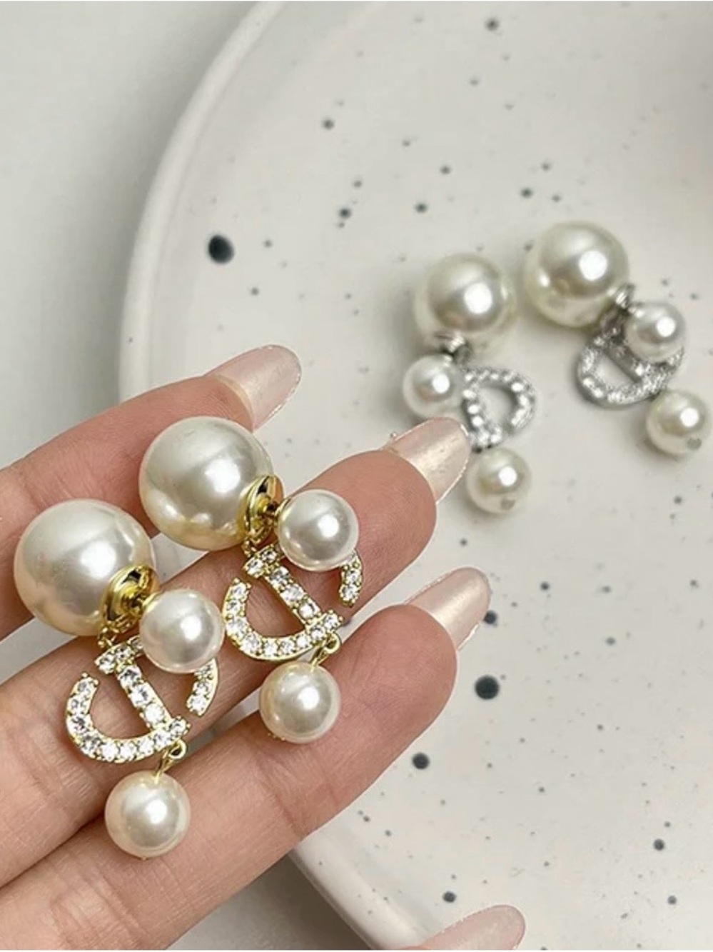 Pearl Drop Crystal Logo Dangle Earrings - Gold
